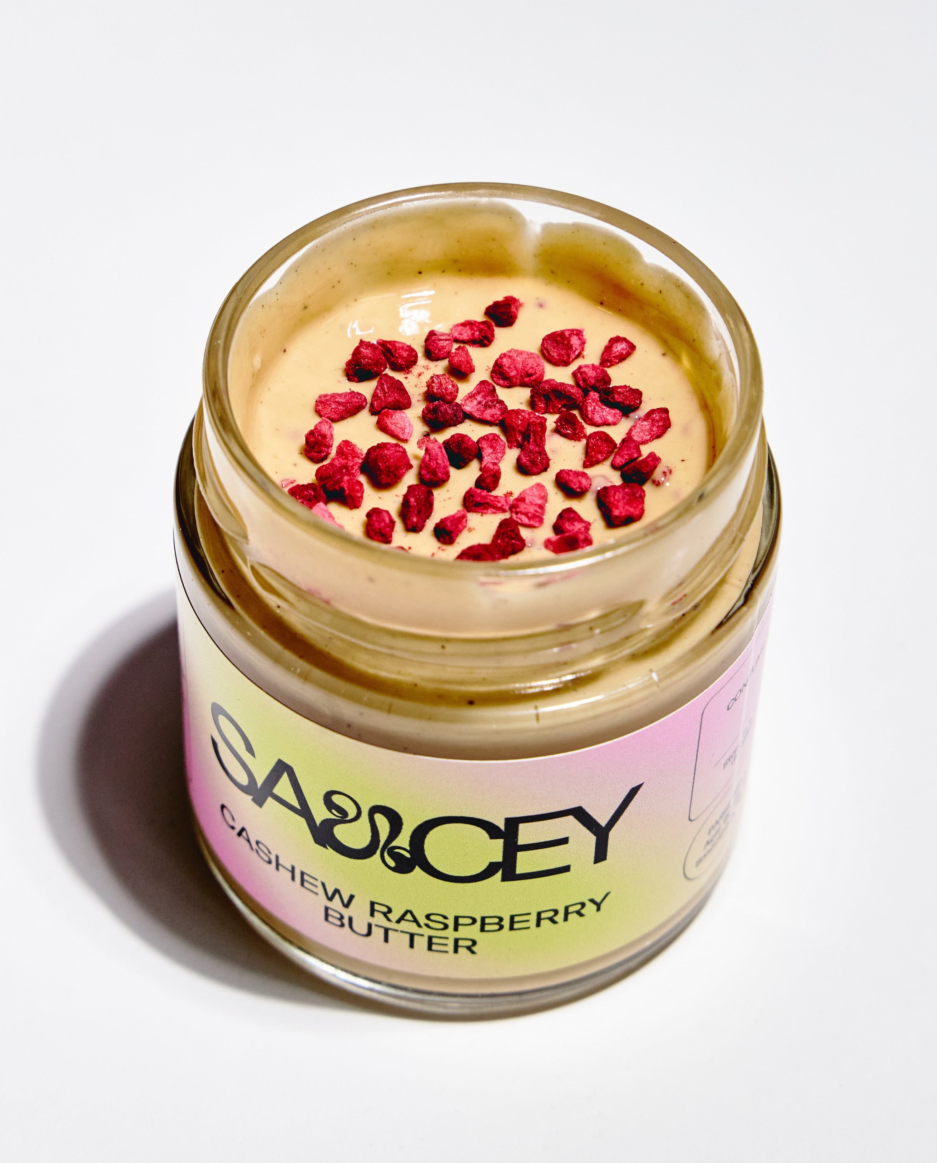 A jar of Cashew Raspberry Nut Butter