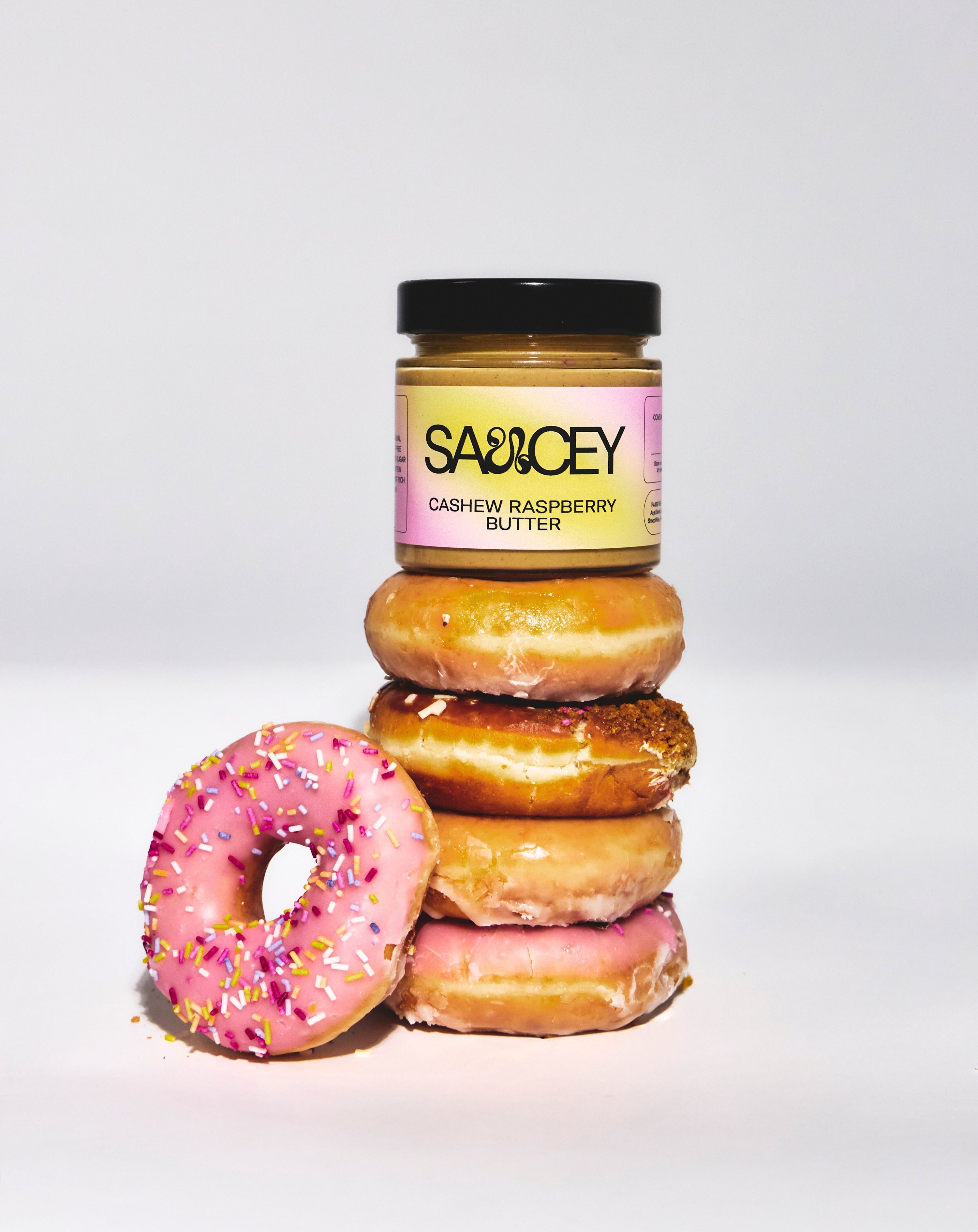 cashew raspberry nut butter with donuts